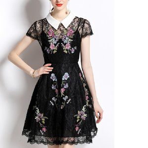 Black floral mini lace dress